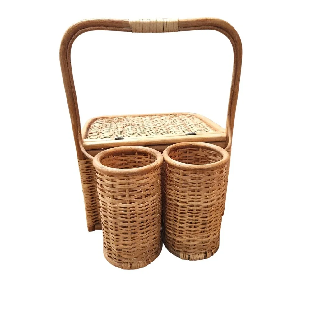 Vintage Large 2 Wine Bottle  Holder Rattan Bamboo Hinge‎ Wicker Picnic Basket